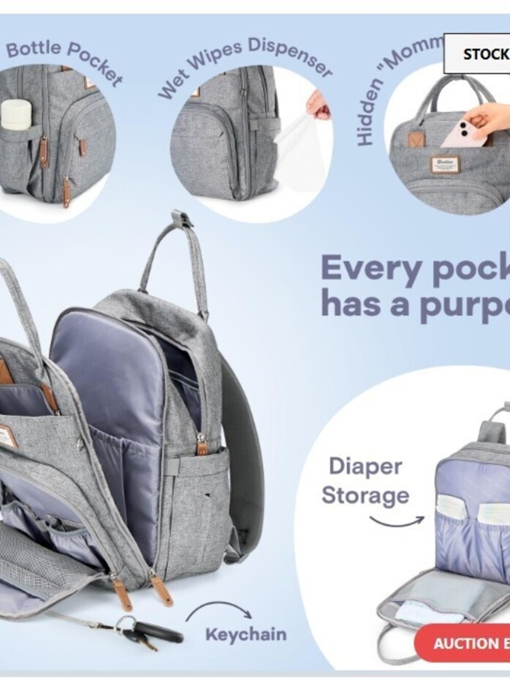 BRAND NEW: RUVALINO Large Multifunction Diaper Back Pack-Gray - Picture 2 of 3